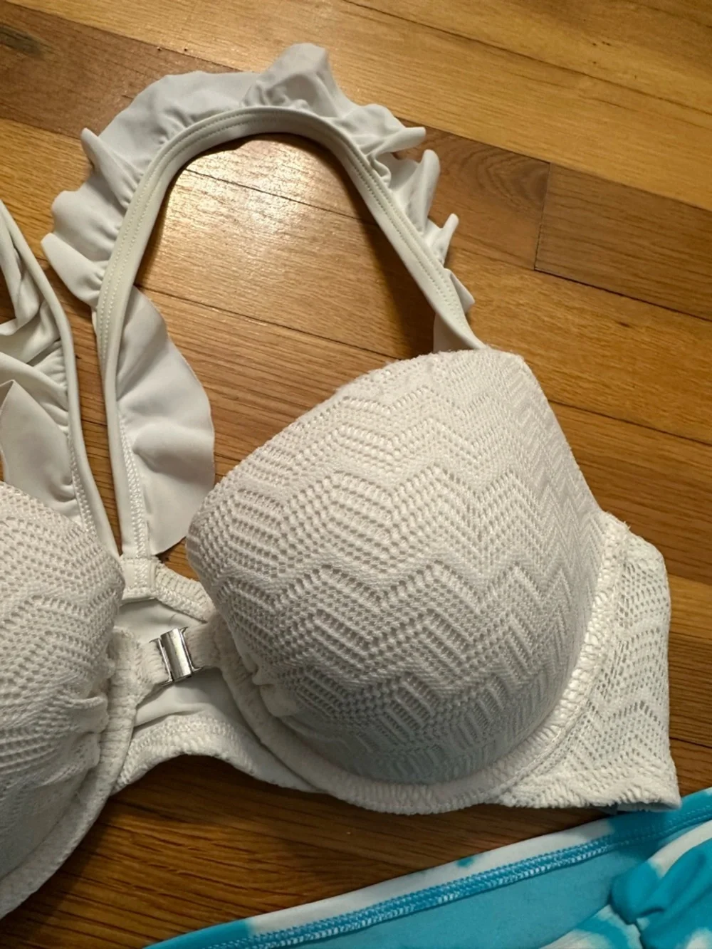 aerie‎ White Ruffle Strap Bikini Top with Blue Tie-Dye Bottoms